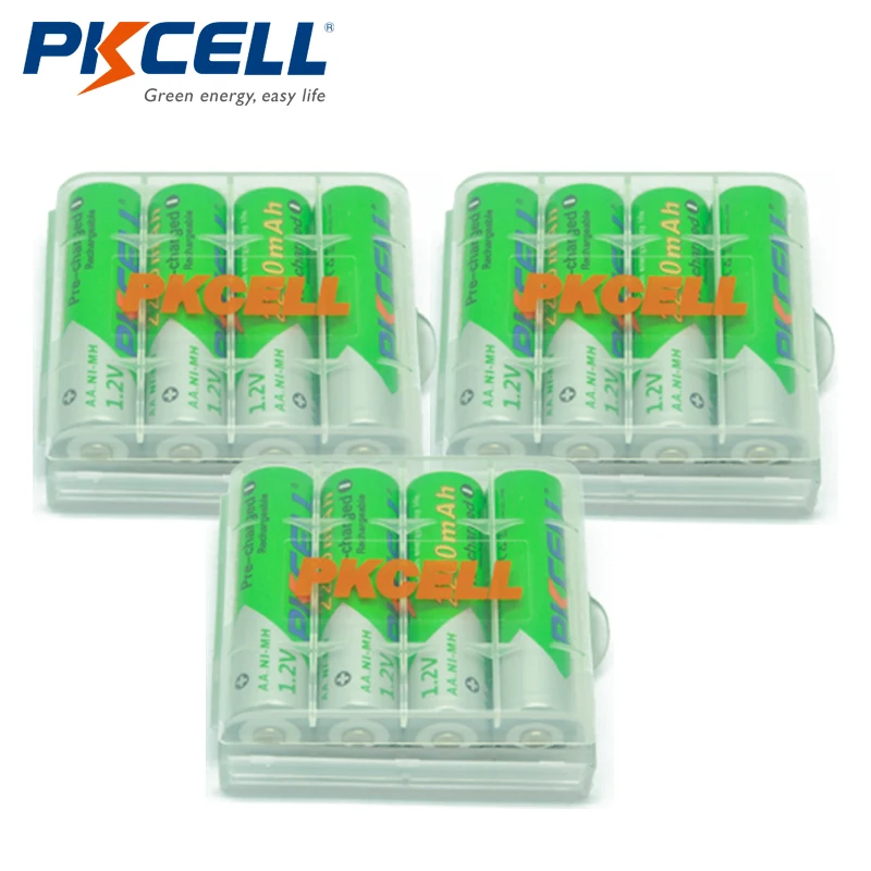 12 перезаряжаемых аккумуляторов PKCELL AA Ni-MH 1,2 V 2200mAh с низким саморазрядом AA, 3 шт. чехол для аккумулятора