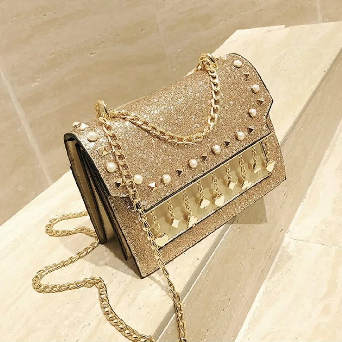2018 Роскошные Для женщин Сумки Леди заклепки блестка Дизайн цепи мешок квадратный
