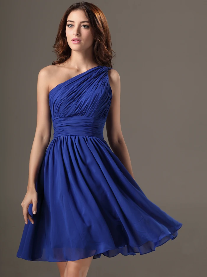 Одно плечо Royal Blue Короткие Подружкам невесты с Бретели для нижнего белья складки