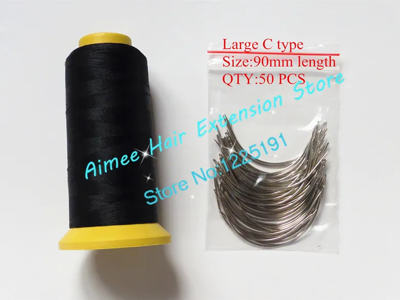 

C weaving needles 90mm long Shape needles 50pcs&1 Black Nylon high strength Polyester thread for hair weft 3types as gift