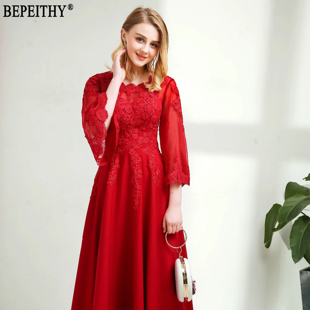 Женское вечернее платье из тюля BEPEITHY длинное красное с рукавом до локтя 2019|half sleeve