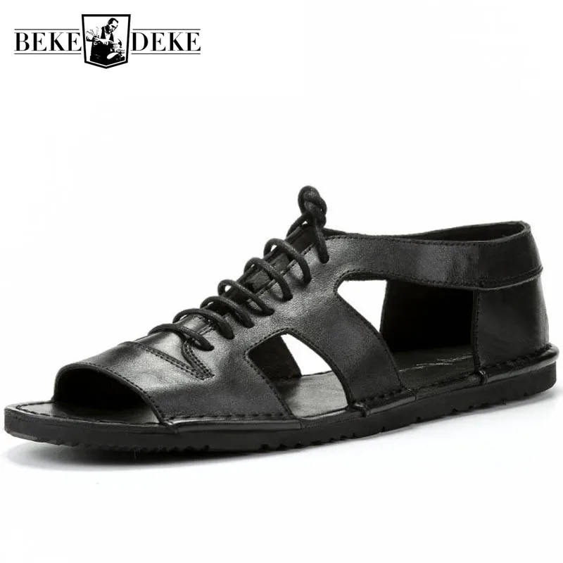 

Mens Summer Rome Casual Shoes Designer Black Slides England Retro Lace Up Real Leather Gladiator Sandals Open Toe Beach Sandals