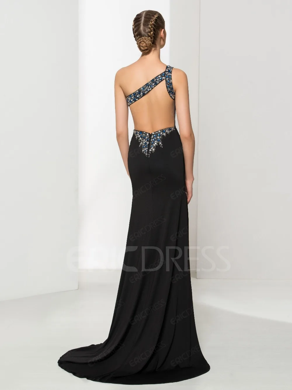 2016 New Arrival Sexy Black Sheath Prom Dresses One Shoulder Split Dress Crystal Beaded Sweep Train Chiffon Evening Gowns | Свадьбы и