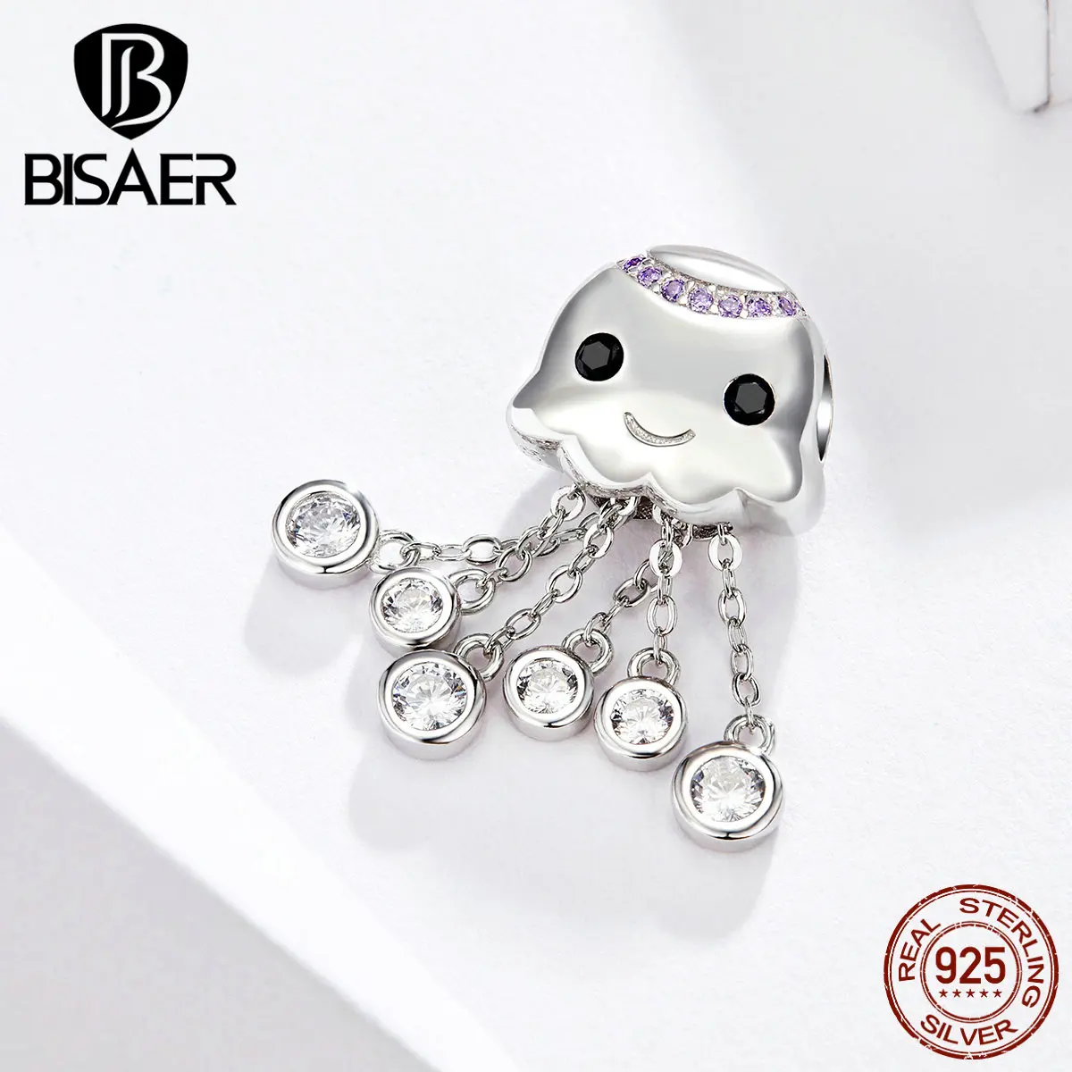 Bisaer,, Стерлинговое Серебро, 925, милые осьминог, Детские амулеты, циркон, кисточка, подходят для Панов, браслеты и ожерелья, сделай сам, аксессуары HVC081