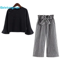 2021 childrens clothes autumn spring teenagers girls clothing sets long sleeve black tops bow stripe pants 2pcs suits kids t32