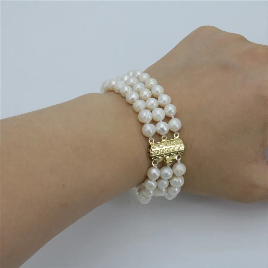 Новый Стиль Изящные 3 ряда 7-8 мм белый пресноводный жемчуг браслет бусины