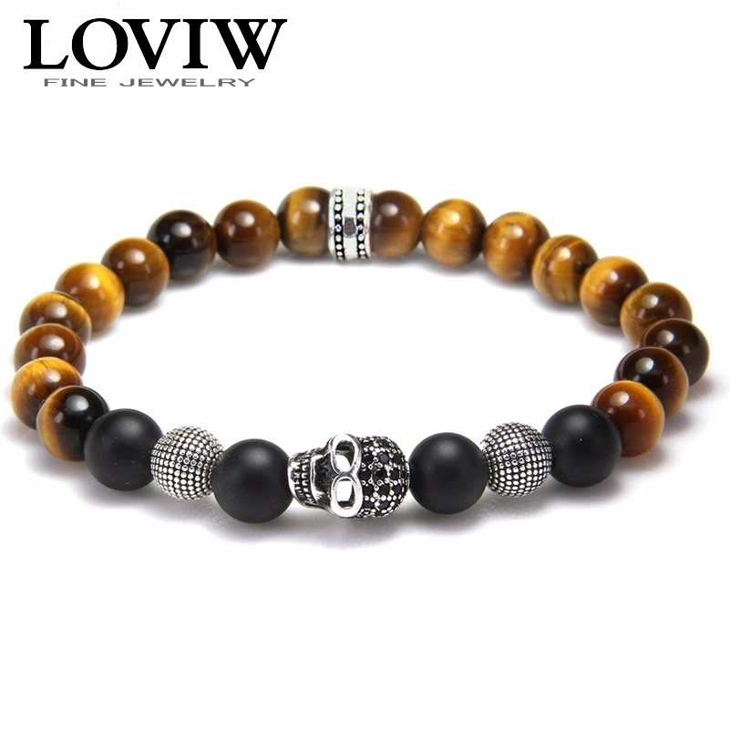 Tiger Eye бисерный браслет из стерлингового серебра 925 пробы с черным цирконием браслет с черепом из бисера для женщин модный подарок Европейский Томас Сабор Стиль Прохладный