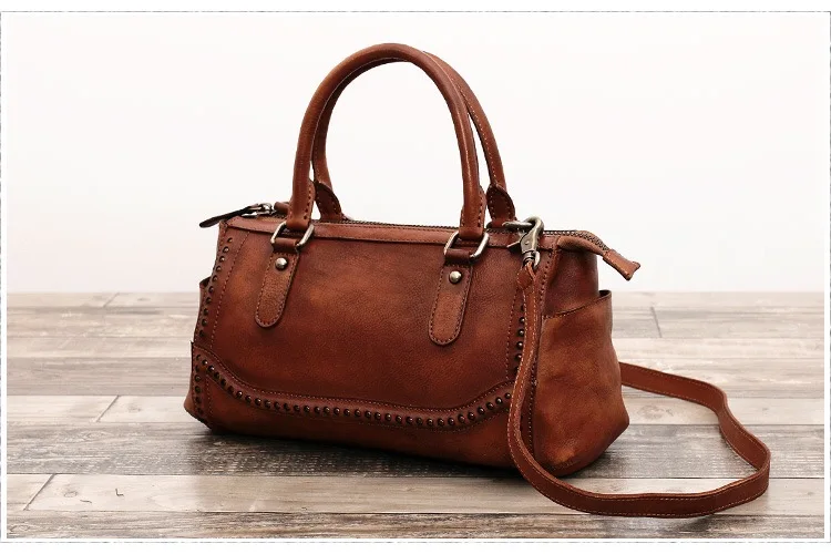 Винтажная ручная работа из натуральной кожи растительного дубления женская сумка с заклепками ретро серьги-гвоздики для девочек Сумка через плечо Дамская Бостонская сумка