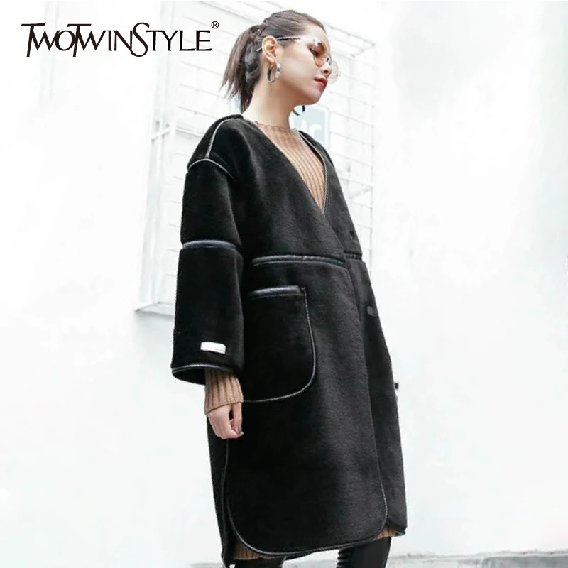 Женская однотонная куртка TWOTWINSTYLE осенне-зимняя из искусственного меха с