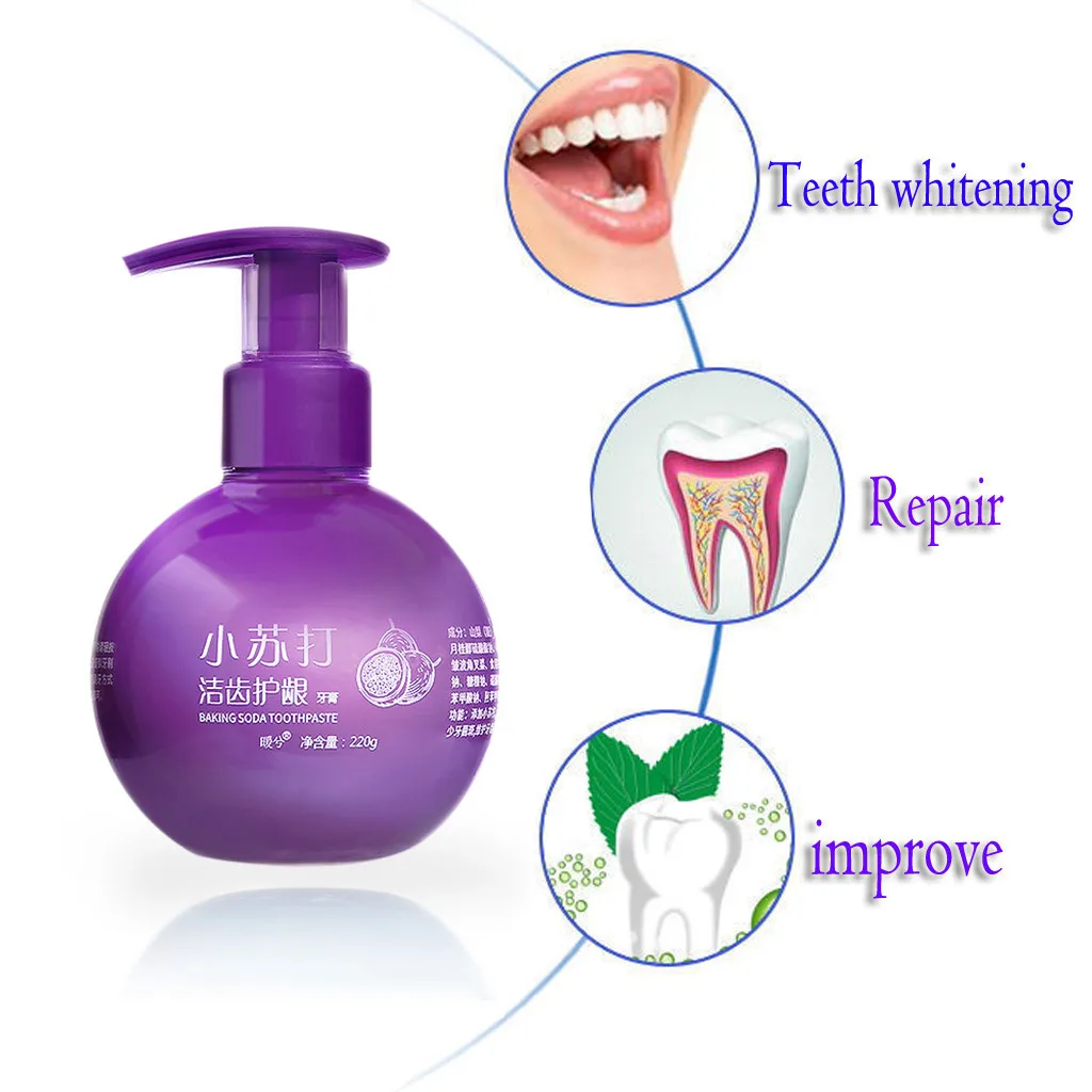 Purple 225g push-type breath freshening yellow teeth male and female small soda toothpaste fruity taste whitening toothpaste2 - Цвет: Purple