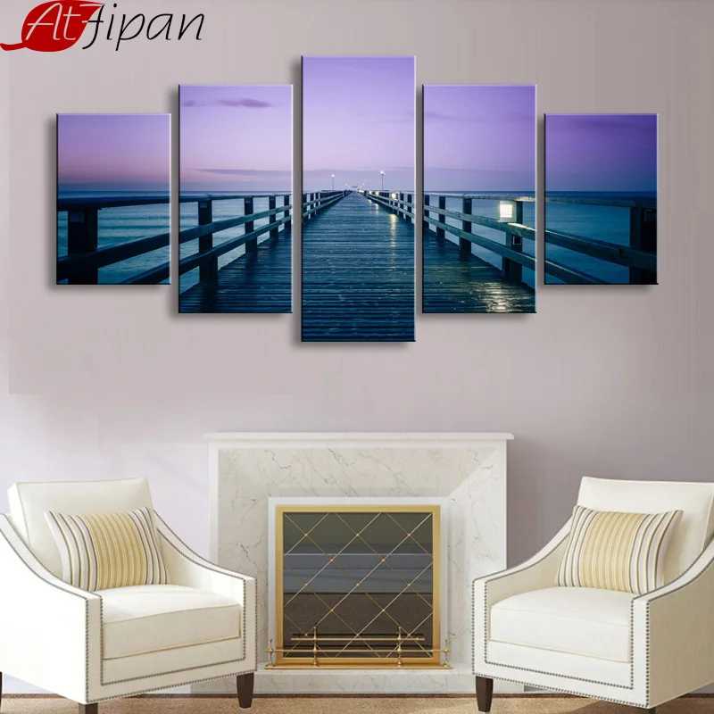 

AtFipan Framed 5 Pieces HD Printed Wooden Bridge Sea Landscape Canvas Painting Wall Art Poster for Living Room Home Decoration