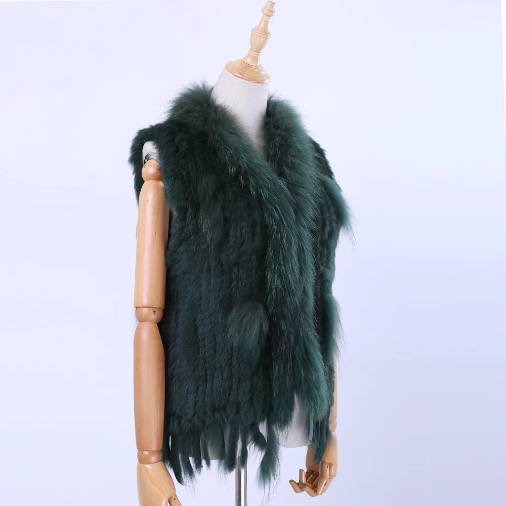2022 New Women's Lady Genuine Real Knitted Rabbit Fur Vests tassels Raccoon Fur Trimming Collar Waistcoat Fur Sleeveless Gilet