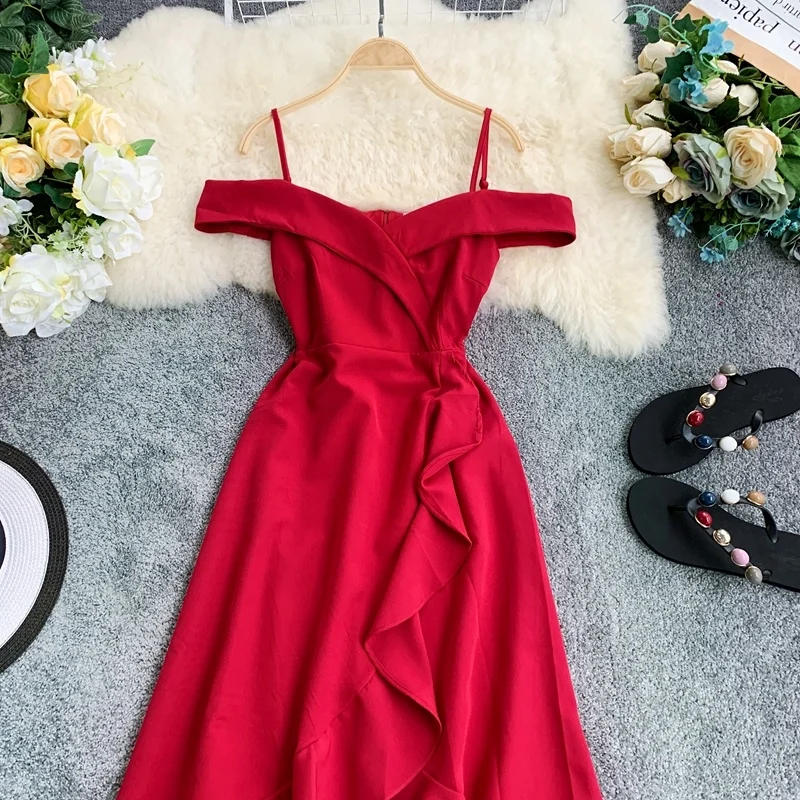 ALPHALMODA женское изящное плиссированное платье с открытыми плечами, тонкое асимметричное платье на бретельках, Летнее Платье До Колена