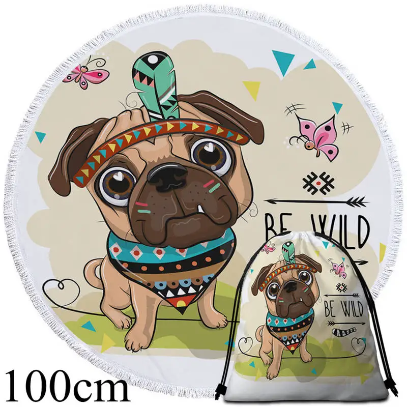 Pug Towel 100cm-Bag Постельные принадлежности Outlet мультфильм сова круглый пляжное полотенце ацтекский гобелен с геометрическим рисунком микрофибры Toalla Племенной Лев Мопс взрослых банное полотенце 150 см - Цвет: Pug Towel 100cm-Bag