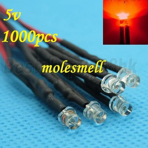 Free shipping 1000pcs 3mm 5v Flat Top Red LED Lamp Light Set Pre-Wired 3mm 5V DC Wired 3mm big/wide angle red 5v led