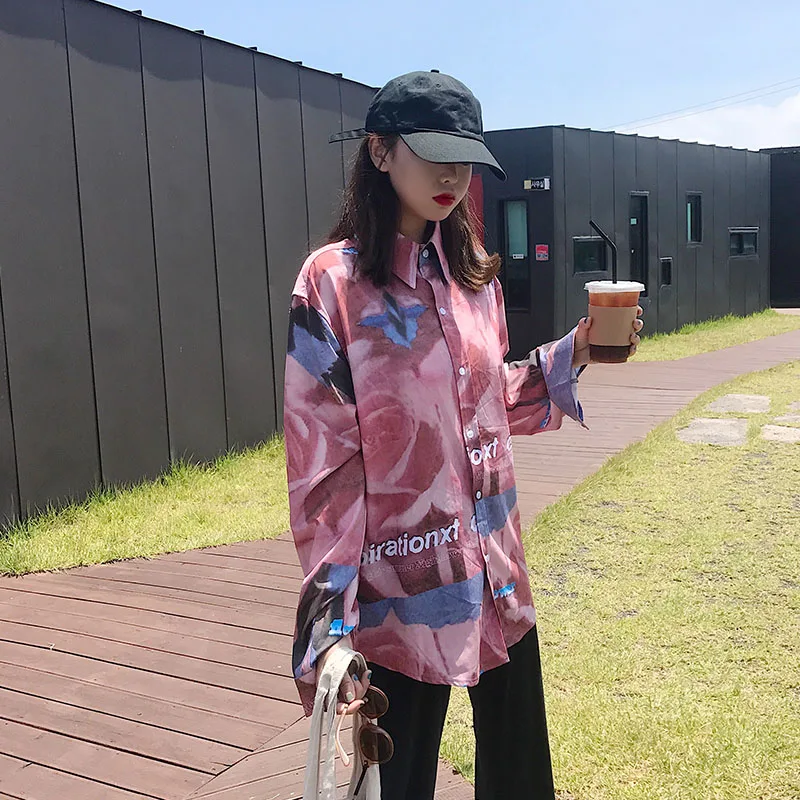 Cheerart Autumn 2018 Long Floral Blouse Sleeve Shirt Loose Pink Top Button Down For Women Korean Fashion Clothing | Женская одежда