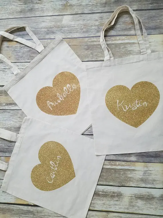 personalize names set of 4 wedding bridesmaid Gold glitter tote bags Champagne Party gift Bags Bachelorette bridal shower favors