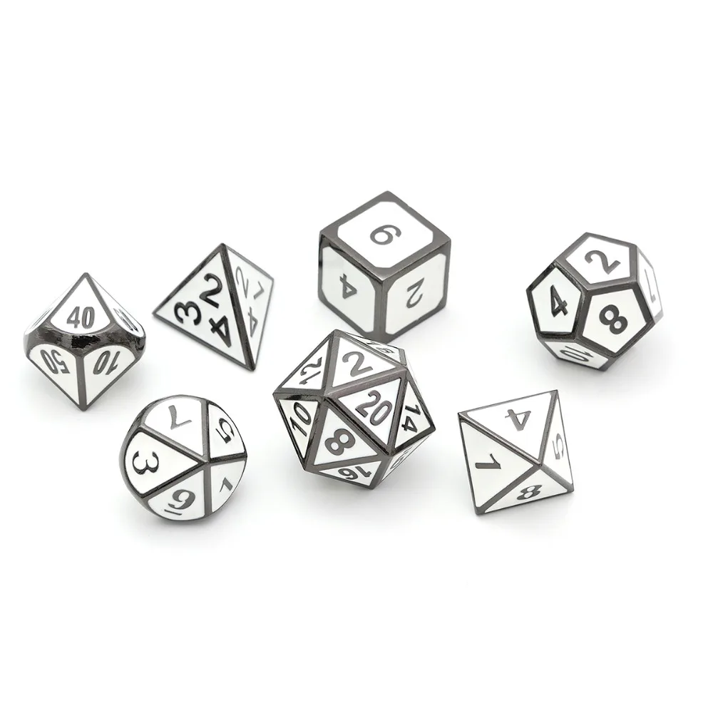 White Enamel Polyhedral Metal Dice with Velvet Pouch for MTG RPG DnD Board Games and Teaching Math