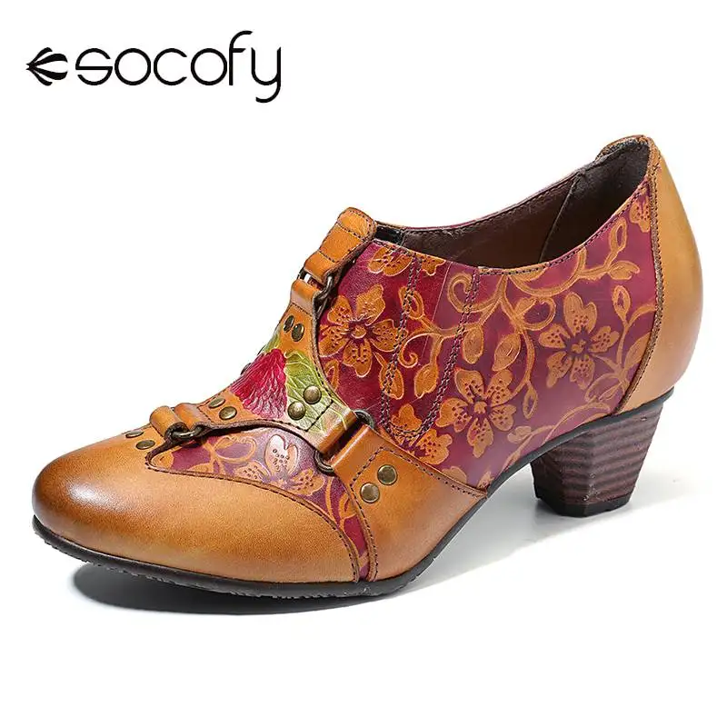 SOCOFY/ковбойские туфли-лодочки из натуральной кожи на низком каблуке без застежки с ручной росписью в стиле ретро с цветочным узором и заклепками; элегантная женская обувь на высоком каблуке