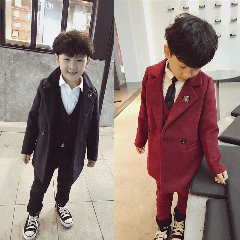 3 sets of children's clothing winter boy's 2019 new product plus cotton woolen long coat vest pants three-piece |