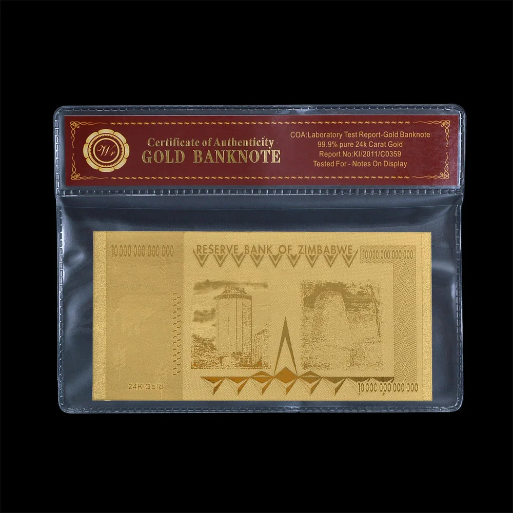 Золотая фольга для банкнот резные в Зимбабве 20 трлн. долларов с сертификатом