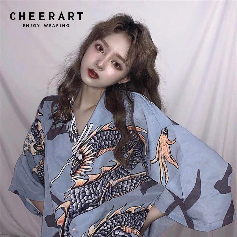 Длинное японское кимоно Cheerart женская летняя блузка с треугольным вырезом синяя