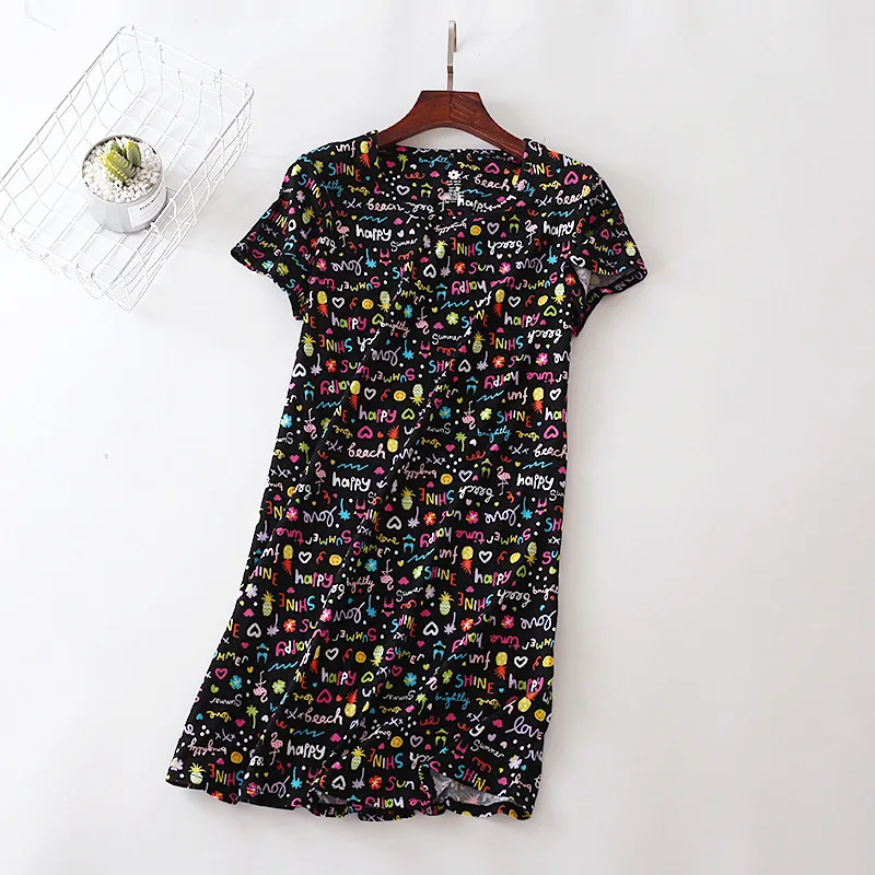 Black small letters Новинка, хлопковые короткие ночные рубашки с рукавами, милая семейная одежда с героями мультфильмов, женские пижамы размера плюс, юбка для сна, простые платья - Цвет: Black small letters