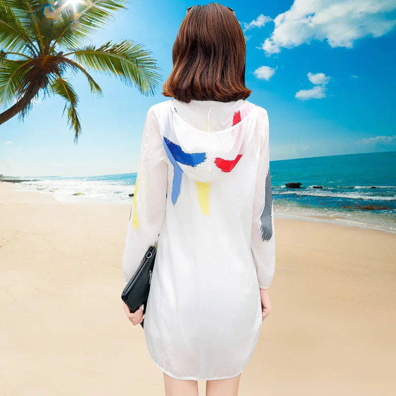 Женское солнцезащитное пальто с капюшоном тонкое пляжное принтом ветровка для