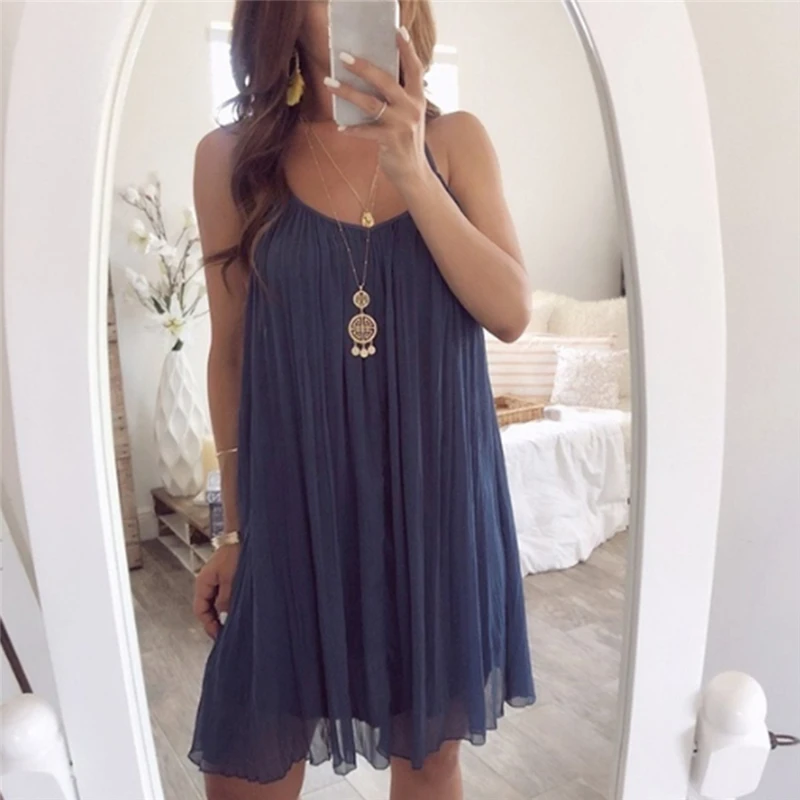 Good Quality Summer Women Sleevelsess Dress Solid Color Loose Pleated Sling Strap Ladies Female Clothing Femme Sexy | Женская одежда