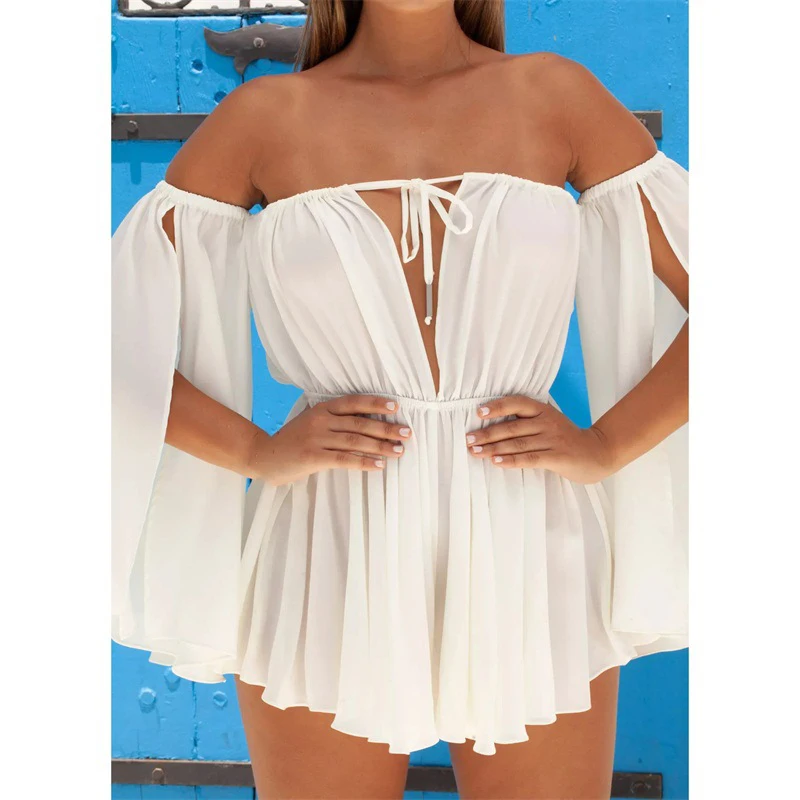 Женское платье летнее коктейльное с открытыми плечами мини модное для бассейна