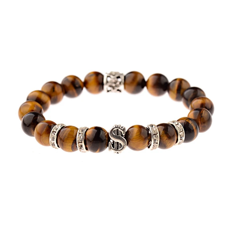 Мужской классический браслет из бисера и камня тигровый глаз 10 мм|Плетеные