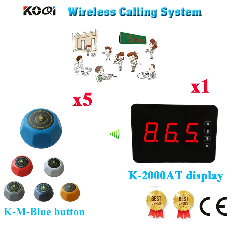 Wireless Call Bell System Best Price Show Table Number Display Screen Buzzer Push Buttons Ycall Brand(1 display+5 call button)