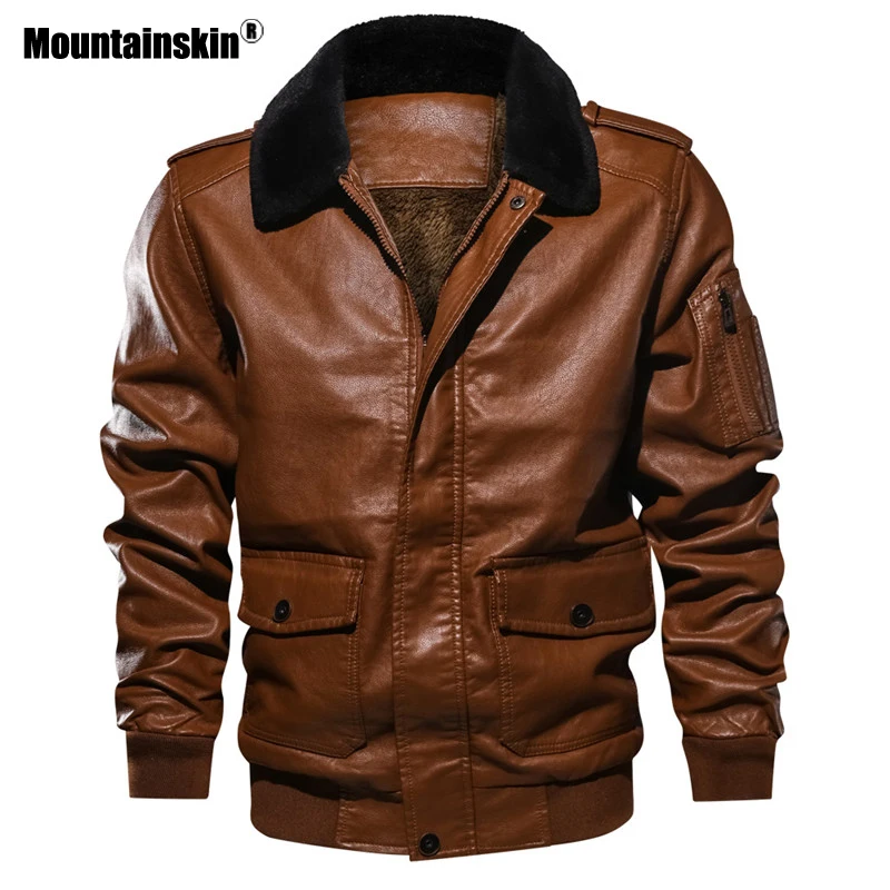 Мужская куртка бомбер из ПУ кожи Mountainskin теплая плотного бархата мотоциклетная