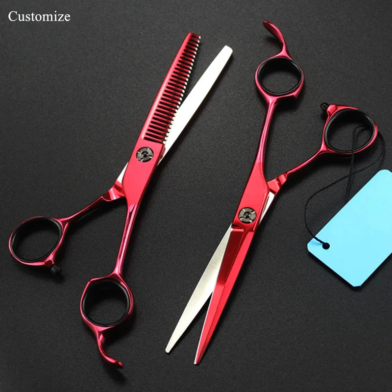 

Customize logo japan 440c steel 6 '' Wine red hair salon scissors cutting barber makas Thinning shears set hairdressing scissors