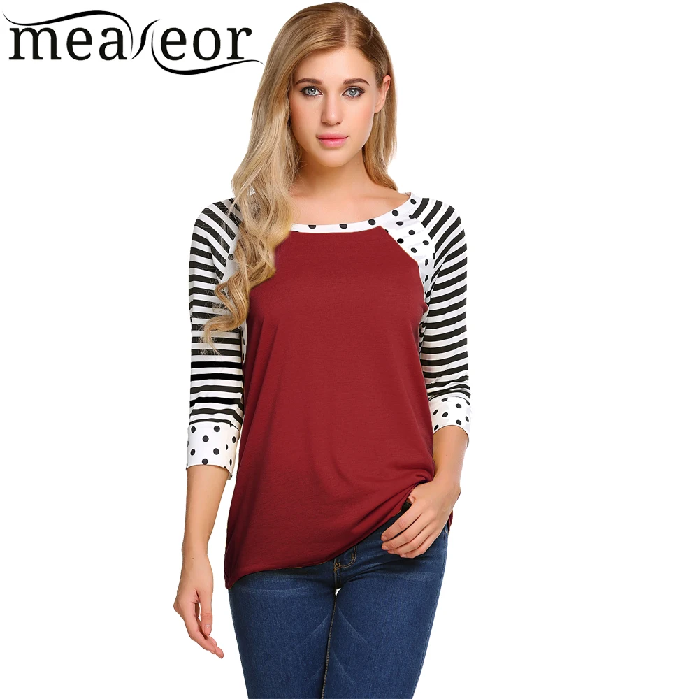 Meaneor Women T Shirt New Fashion O-Neck 3/4 Striped Sleeve Dot Print T-Shirt Pullover Casual Ladies Shirts Female Tee Tops | Женская