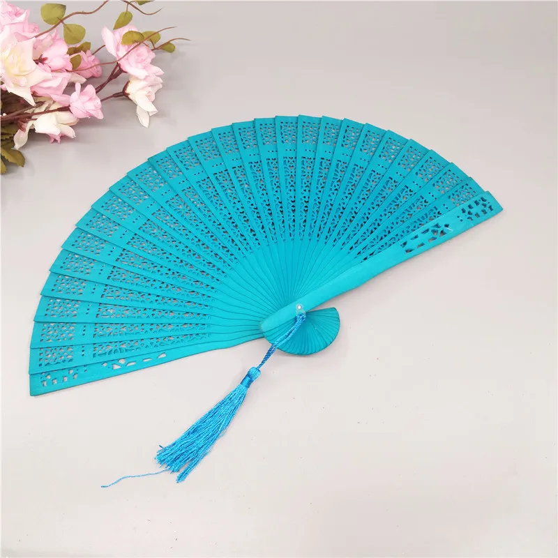 Blue Hot Newest Wedding Hand Fragrant Party Carved Bamboo Folding Fan Chinese Style Wooden Lady Beautiful - Цвет: Blue