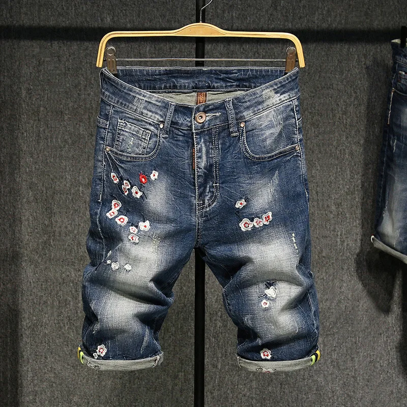 New Brand Summer Blue Color Denim Shorts Fashion Chinese style embroidered Short Ripped Jeans Men Mens Big Size | Мужская одежда