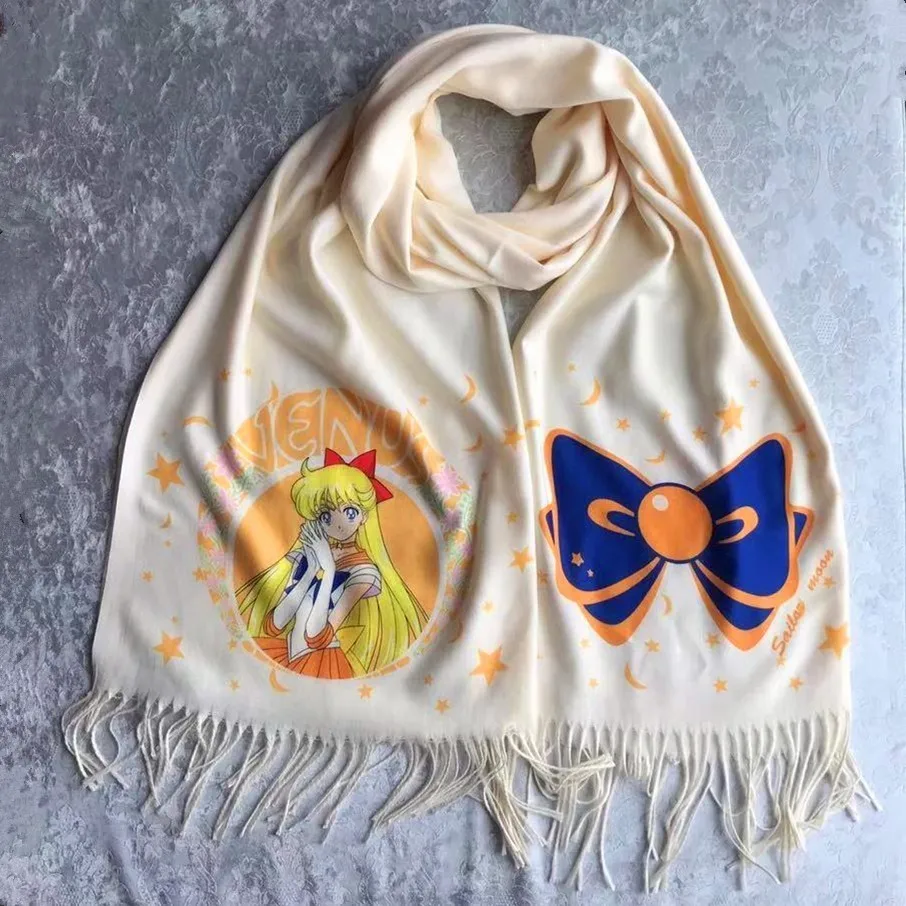 Sailor Moon beauty Soldier с принтом для ролевых игр, с кристаллами для шарфа, для девочек, искусственный кашемир, длинный шарф с кисточками, Sailor Mars