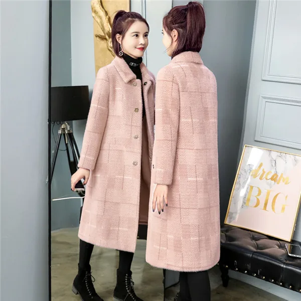 Pink Новое осенне-зимнее женское шерстяное пальто Длинная шерстяная куртка в шотландскую клетку свободное теплое шерстяное пальто большого размера LQ203 - Цвет: Pink