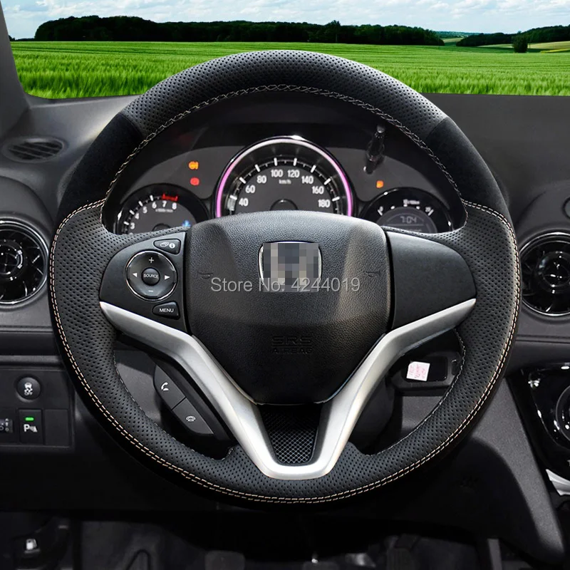 

smRKE For Honda VEZEL XRV Sport Black suede/hole leather DIY Hand Sewing steering wheel cover car accessories