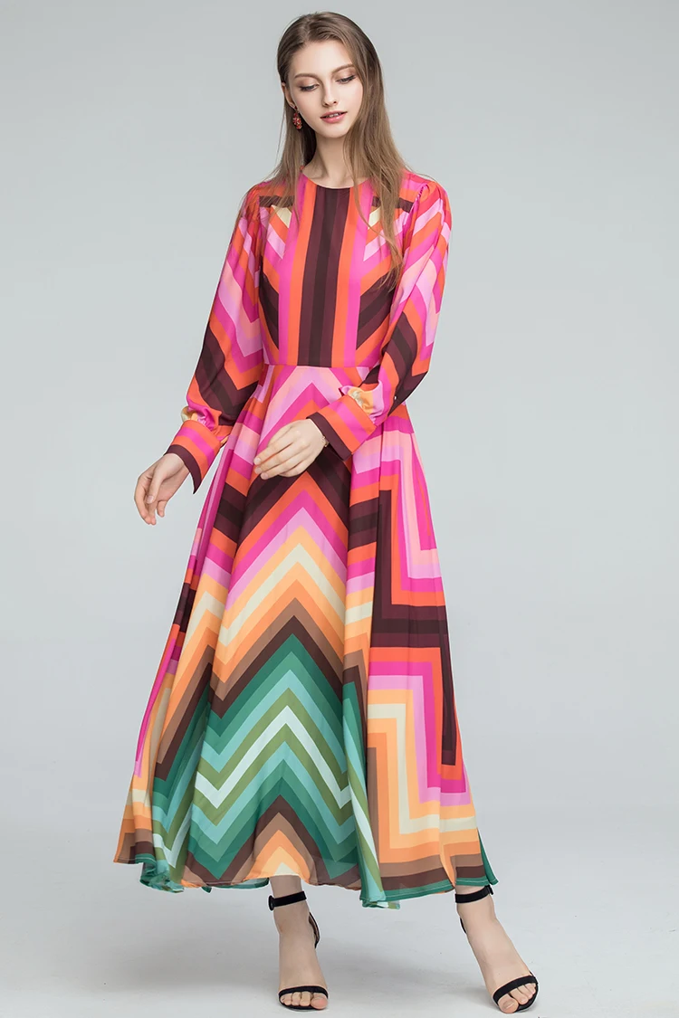 AELESEEN Boho платья Модное Новое подиумное Элегантное летнее длинное платье с длинным рукавом и геометрическим принтом контрастных цветов радуги