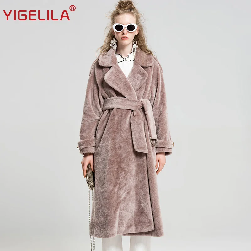 Тренч YIGELILA из искусственной шерсти с длинным поясом и отложным воротником