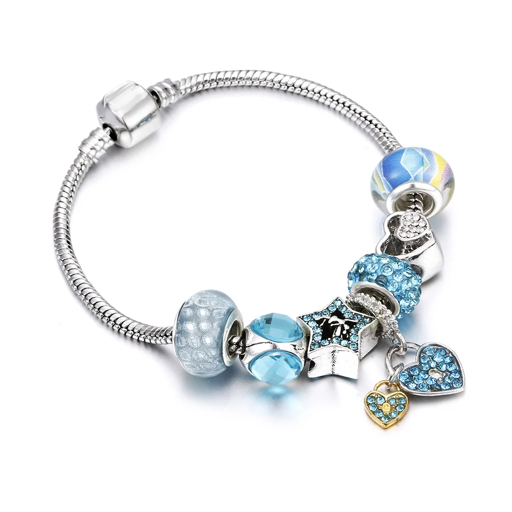 blue heart Браслет для женщин Гламурные роскошные серебряные бусины с имитацией змеиной шкуры подвеска цепочка ручная работа браслеты ручной работы Femme Ювелирные изделия Подарки на свадьбу - Окраска металла: blue heart