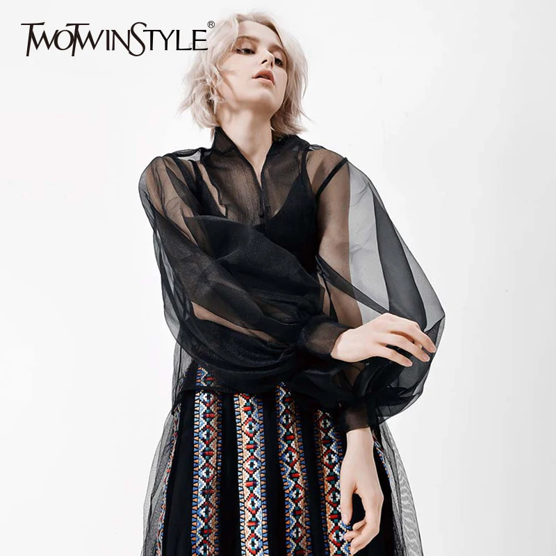 TWOTWINSTYLE, тюль, Сексуальная рубашка для женщин, воротник-стойка, рукав-фонарик, большие размеры, блузка с базовым ремнем, весна, Tide