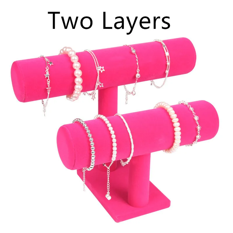 2 Layers Rose Pink 1 шт., высокое качество, винтажный браслет из искусственной кожи/Бархатная цепочка для часов, Т-образная стойка, органайзер для ювелирных изделий, твердый дисплей, подставка, держатель - Цвет: 2 Layers Rose Pink