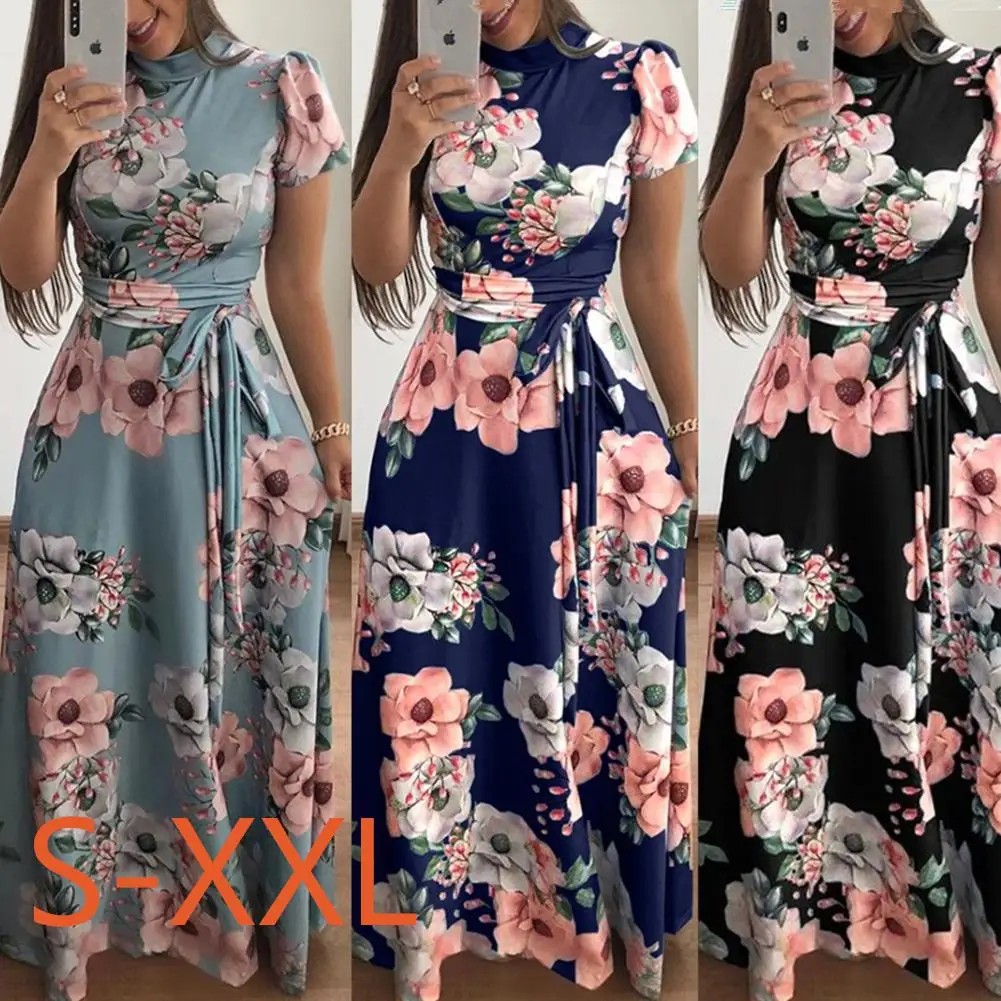 Women Summer Dress 2019 Casual Short Sleeve Long Boho Floral Print Maxi Turtleneck Bandage Elegant Dresses Vestido | Свадьбы и