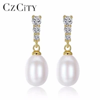 czcity brand natural freshwater pearl stud earrings real 925 sterling silver pearl with zircon jewelry for women wholesale gift