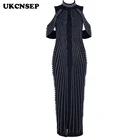 Шикарное женское черно-белое платье UKCNSEP 2020, без рукавов, с бисером, с высоким воротником, с разрезом сзади, вечернее платье в стиле знаменитостей