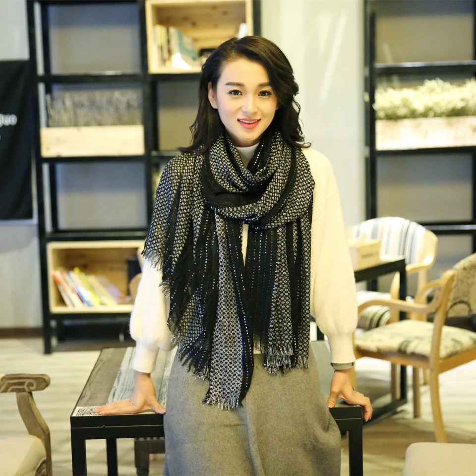 2019 новый модный дизайн черный шарф с блестками зима осень благородный основной