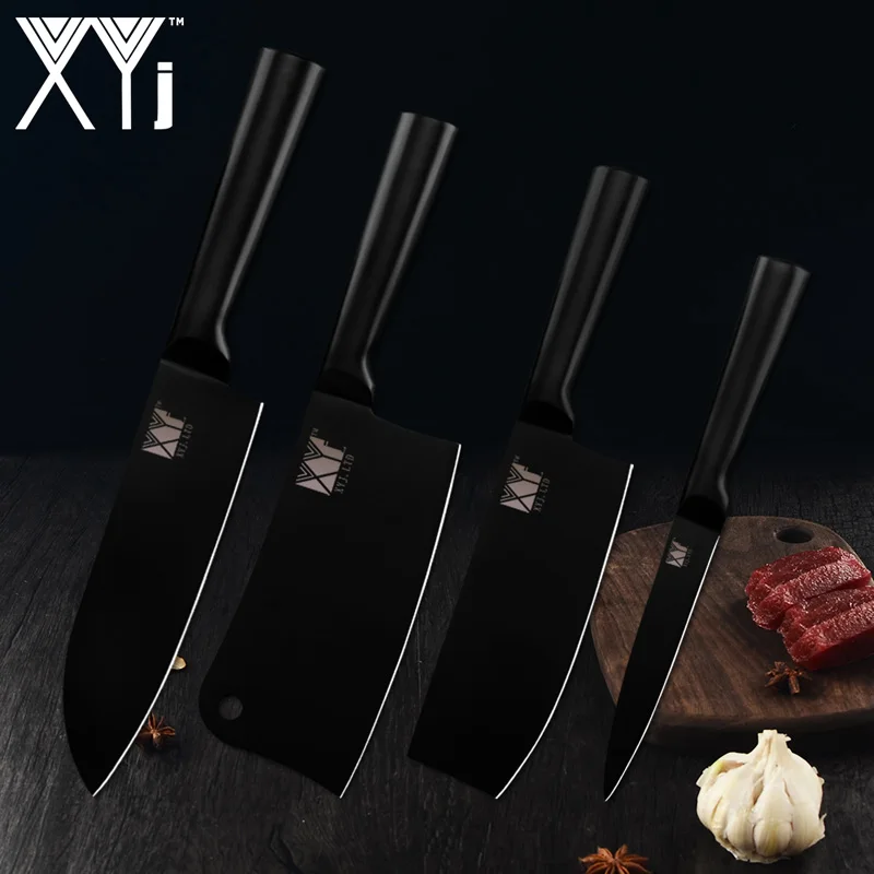 B. 4 PCS Set Кухонный нож из нержавеющей стали с черным лезвием XYj, 8 дюймов, Держатель ножей, высокое качество, 7 дюймов, Santoku, 5 дюймов, 6,5 дюймов, разделочный кухонный нож - Цвет: B. 4 PCS Set